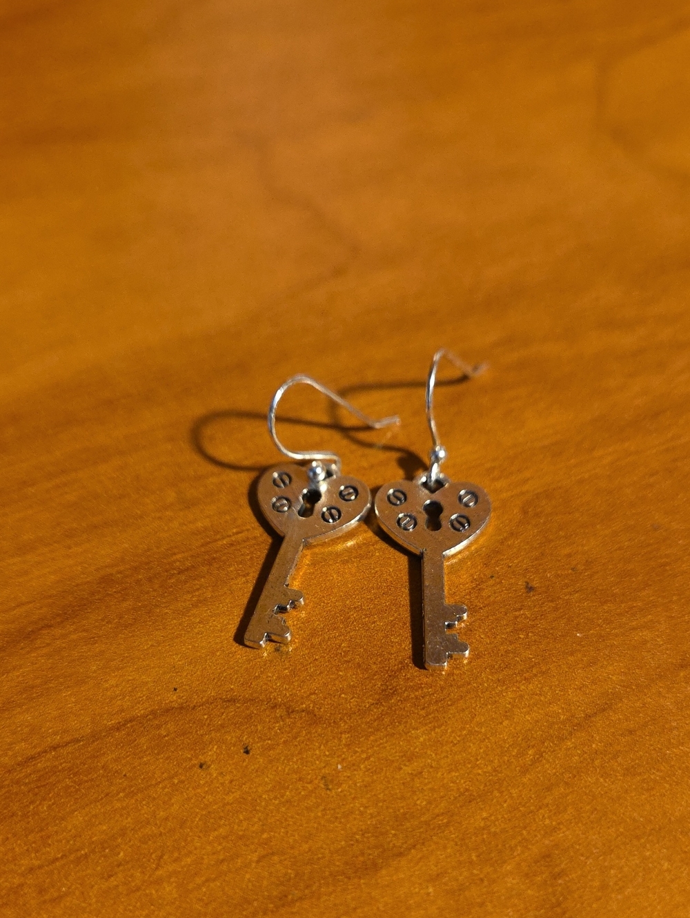 Silver Key Drop Earrings - Heart Top